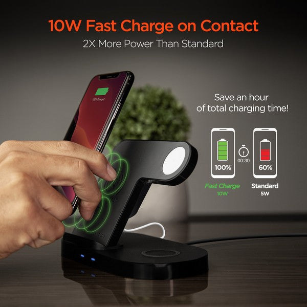 Streamline your charging setup with the HyperGear 3-in-1 Wireless Charging Dock—your all-in-one solution for powering up your smartphone, smartwatch, and earbuds simultaneously. With fast wireless charging, dual coil technology, and a sleek upright design, this dock keeps your essentials charged and your space clean.