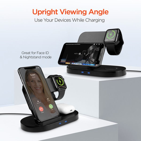 Streamline your charging setup with the HyperGear 3-in-1 Wireless Charging Dock—your all-in-one solution for powering up your smartphone, smartwatch, and earbuds simultaneously. With fast wireless charging, dual coil technology, and a sleek upright design, this dock keeps your essentials charged and your space clean.