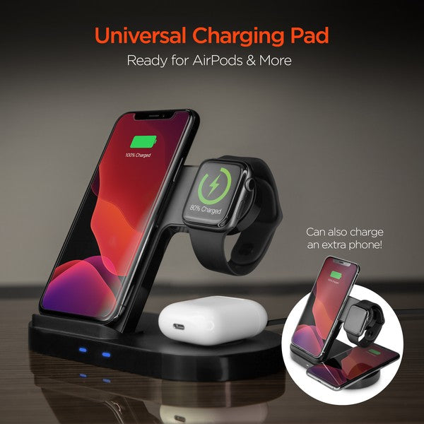 Streamline your charging setup with the HyperGear 3-in-1 Wireless Charging Dock—your all-in-one solution for powering up your smartphone, smartwatch, and earbuds simultaneously. With fast wireless charging, dual coil technology, and a sleek upright design, this dock keeps your essentials charged and your space clean.