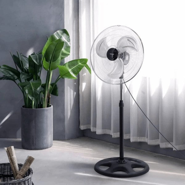 The Impress 18-in 2-in-1 Chrome High-Speed Oscillating Fan combines a powerful, high-velocity airflow with versatile two-in-one operation in a sleek chrome finish, delivering wide oscillation for room-wide cooling.