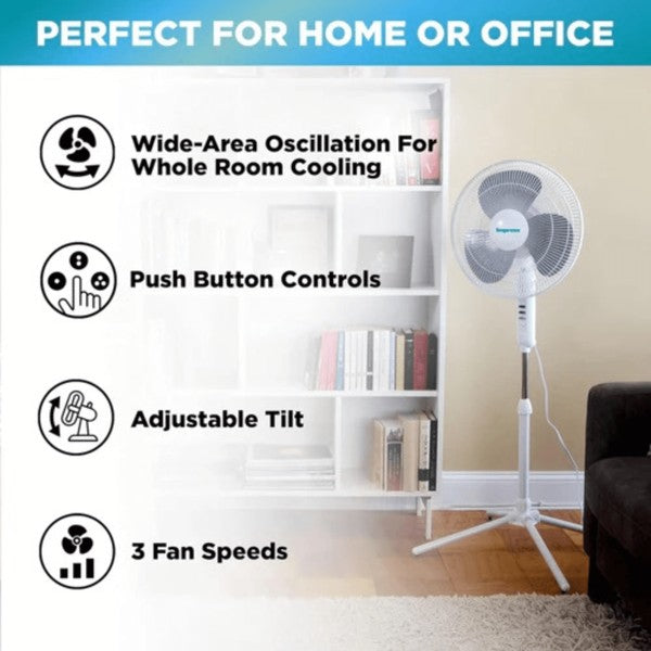 The Impress Easy-Assemble Stand Pedestal Floor Fan is a versatile, energy-efficient pedestal fan designed for quick setup, adjustable height, and smooth, wide airflow to cool any space