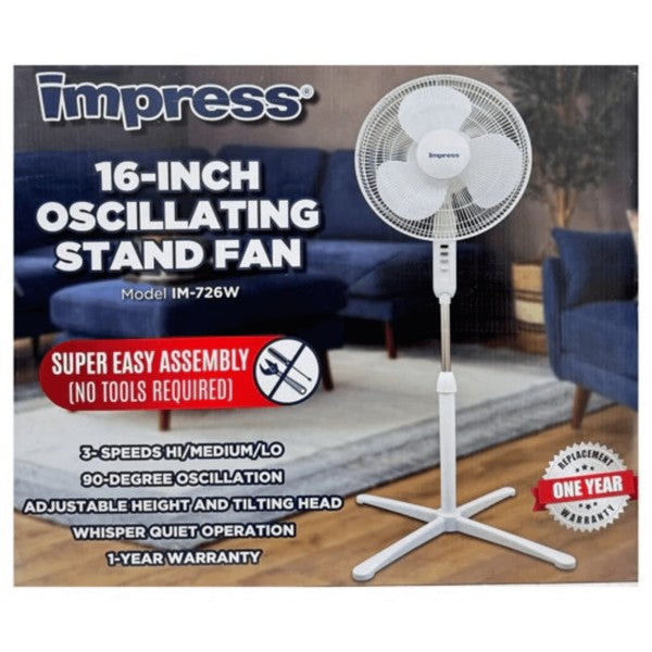 The Impress Easy-Assemble Stand Pedestal Floor Fan is a versatile, energy-efficient pedestal fan designed for quick setup, adjustable height, and smooth, wide airflow to cool any space.