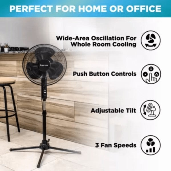 The Impress Easy-Assemble Stand Pedestal Floor Fan is a versatile, energy-efficient pedestal fan designed for quick setup, adjustable height, and smooth, wide airflow to cool any space.
