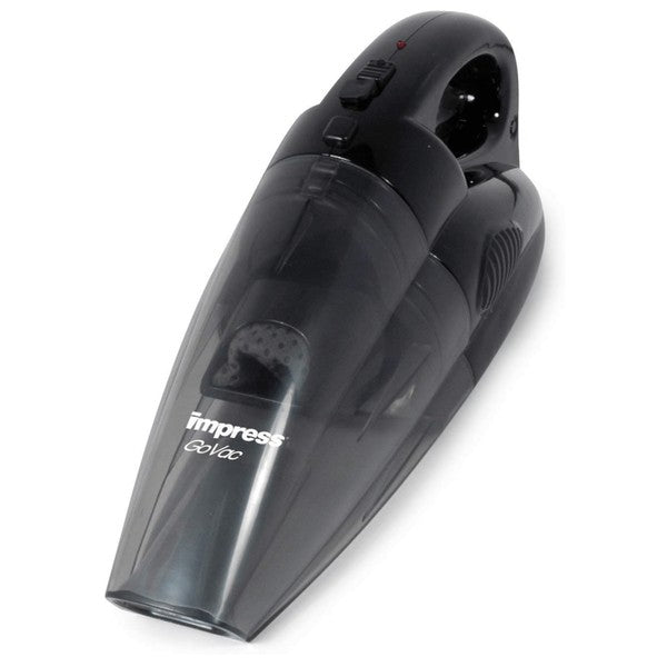 Black handheld vacuum cleaner with transparent dust container, shown with brush and flat nozzles plus a charging base—compact and designed for small cleaning tasks.