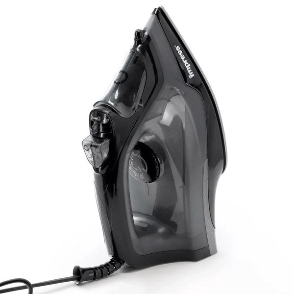 The Impress mid-size non-stick iron with spray burst is a versatile iron that smoothly glides over fabrics, features a non-stick soleplate, and includes a spray burst function for easy wrinkle removal.