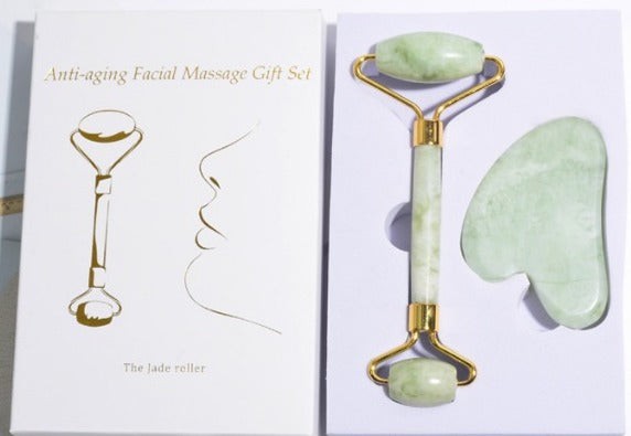 Jade facial roller and gua sha set in a gift box — natural jade tools for facial massage and skincare
