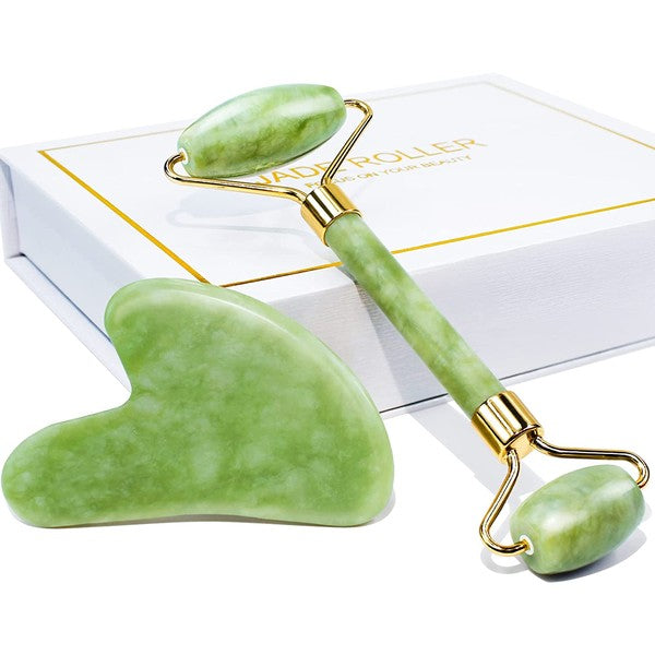 Jade facial roller and gua sha set in a gift box — natural jade tools for facial massage and skincare