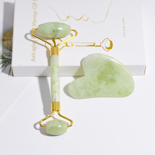 Jade facial roller and gua sha set in a gift box — natural jade tools for facial massage and skincare