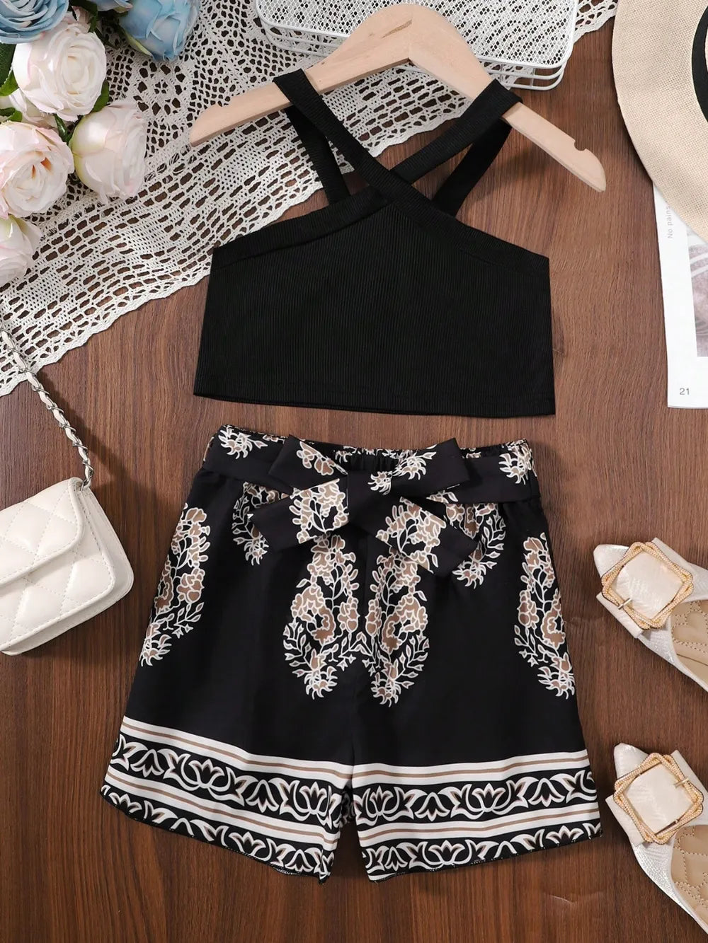 Children’s outfit set: sleeveless cami top with coordinating printed pants, comfy and stylish for kids