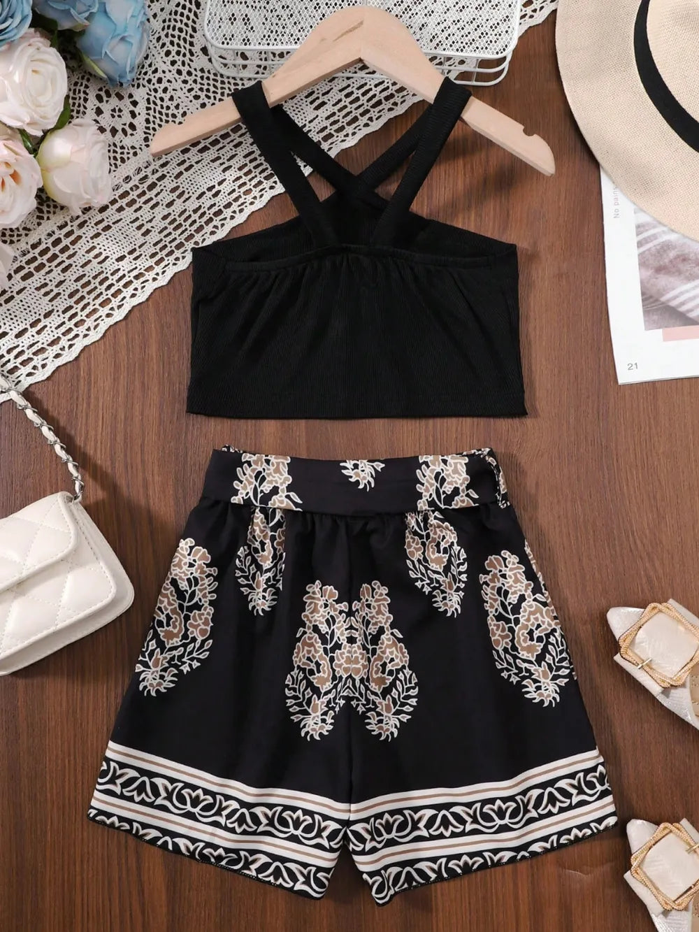 Children’s outfit set: sleeveless cami top with coordinating printed pants, comfy and stylish for kids