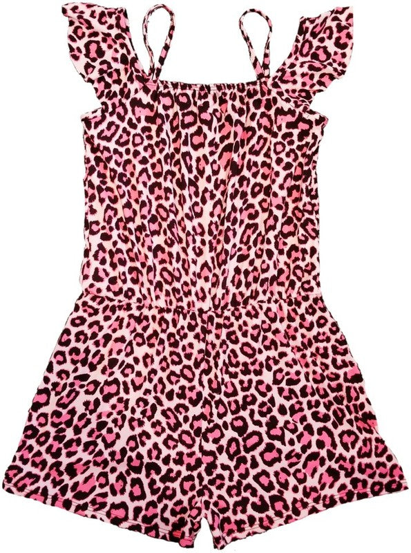 Blue and black leopard print romper with ruffle trim, sleeveless design, and fitted waistline — bold, playful style for warm weather wear