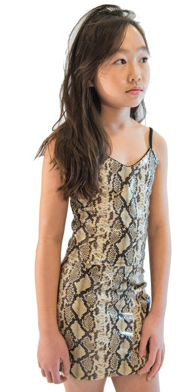 Kids snake-print dress in stretch knit fabric with short sleeves and playful hem — stylish and comfortable for kids’ wear