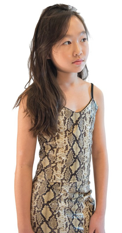 Kids snake-print dress in stretch knit fabric with short sleeves and playful hem — stylish and comfortable for kids’ wear