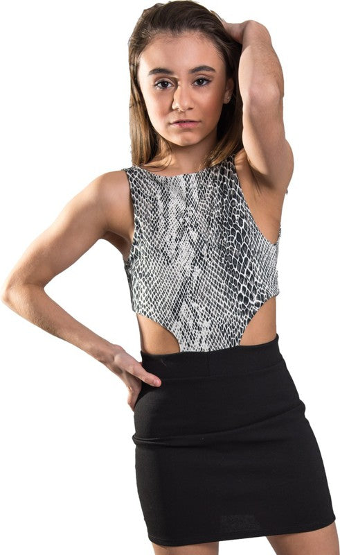 Kids dress with snake-skin print bodice and solid black skirt, made from 4-way stretch fabric for comfort and mobility
