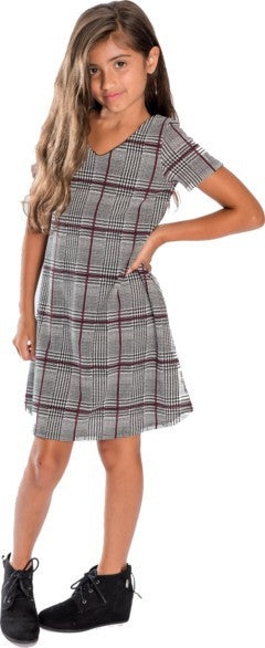 Kids Stephanie dress with short sleeves, V-neckline, plaid print and natural waistline — ideal for parties or formal occasions