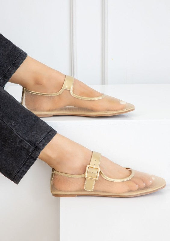 Jelly sandals featuring ankle strap with buckle closure, rounded closed-toe cut, thick flatform sole, slip-on style