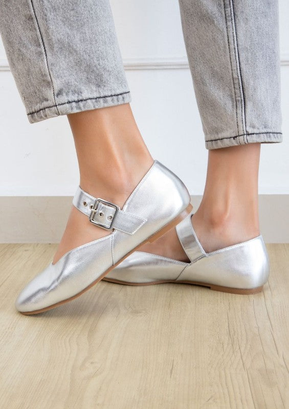 Metallic ballet flats with square toe, ankle strap with buckle closure, elastic slingback, and flat sole with minimal heel