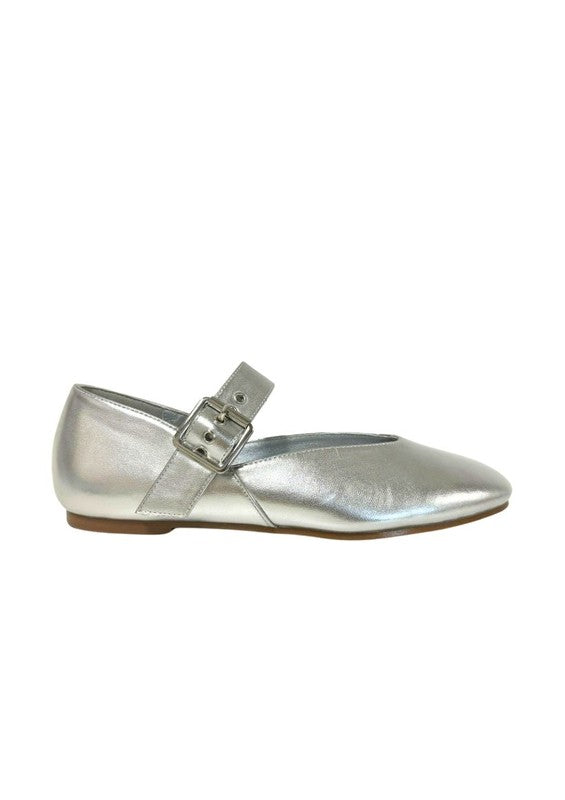 Metallic ballet flats with square toe, ankle strap with buckle closure, elastic slingback, and flat sole with minimal heel