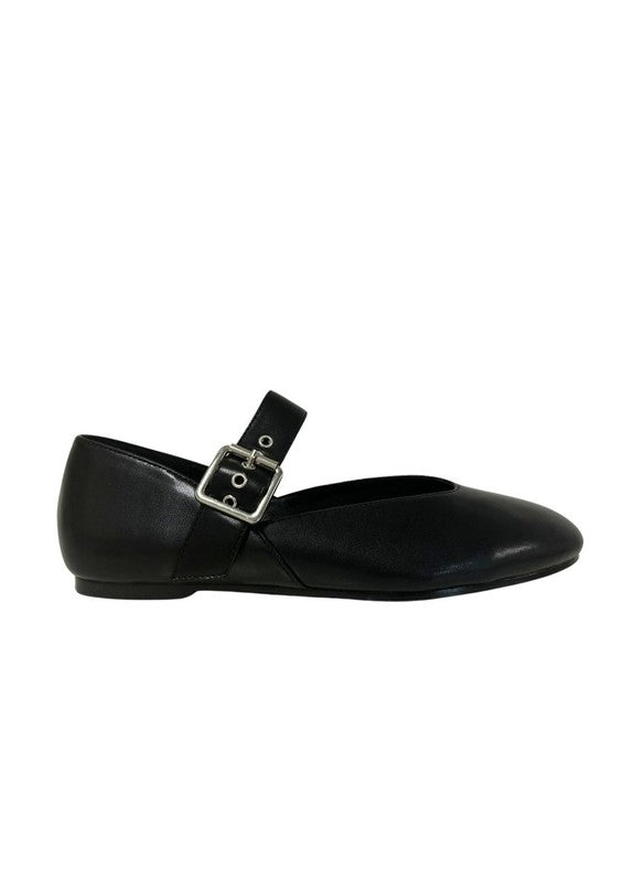 Metallic ballet flats with square toe, ankle strap with buckle closure, elastic slingback, and flat sole with minimal heel
