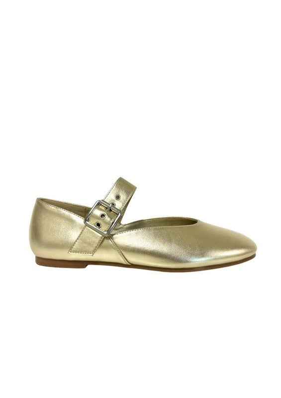 Metallic ballet flats with square toe, ankle strap with buckle closure, elastic slingback, and flat sole with minimal heel