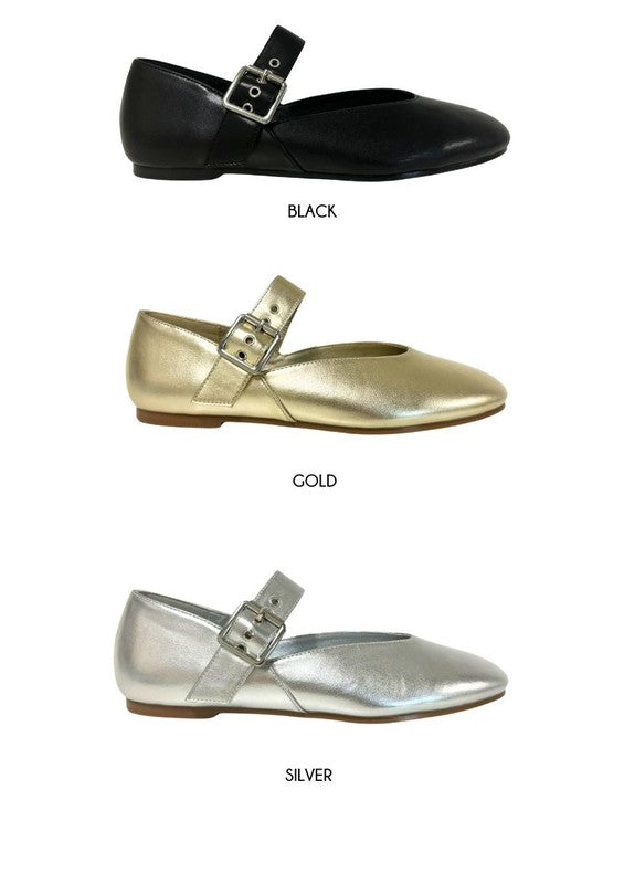 Metallic ballet flats with square toe, ankle strap with buckle closure, elastic slingback, and flat sole with minimal heel
