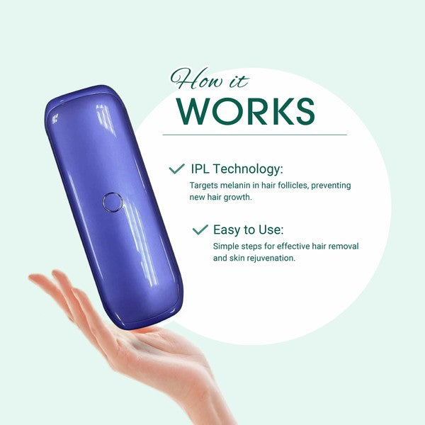 Laser IPL Hair Removal Device with ergonomic design and safety features for at-home use.