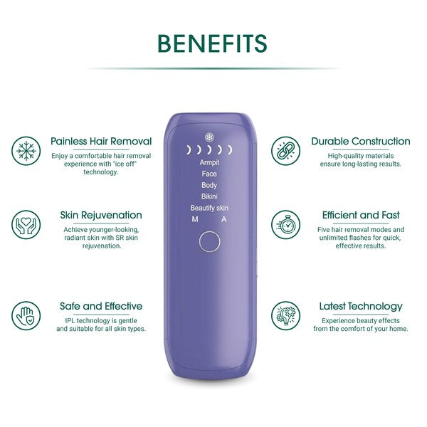 Laser IPL Hair Removal Device with ergonomic design and safety features for at-home use.