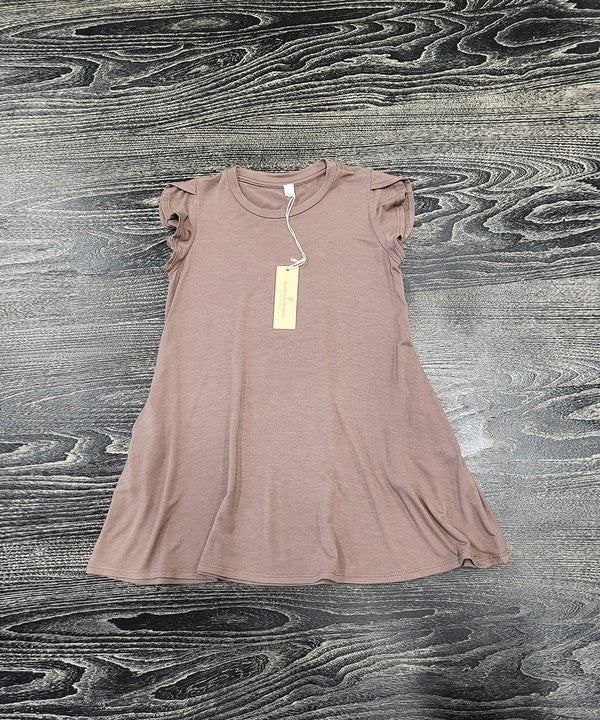 Kids bamboo tulip dress with ruffle sleeves, side pockets, and a relaxed fit — breathable and gentle on sensitive skin
