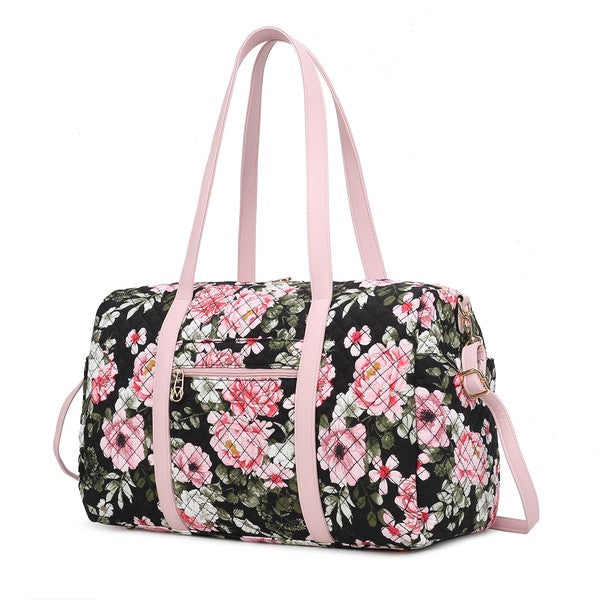Fashionable floral quilted weekend bag with a durable design, perfect for short trips.