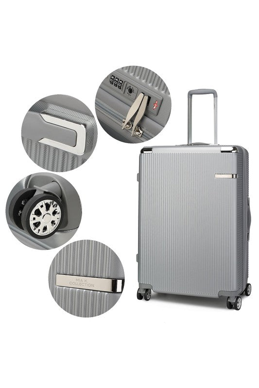 Silver hard-shell suitcase with four wheels and telescopic handle—shown with close-up insets highlighting the handle, TSA lock, wheel design, and a "COLLECTION" nameplate.
