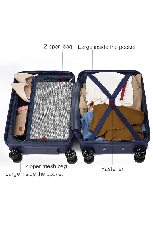 Open suitcase with two organized compartments—left side holds shoes, clothing, and a device in labeled zipper bags; right side secured with a fastener, containing neatly folded clothes.