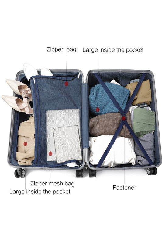Open suitcase with two organized compartments—left side holds shoes, clothing, and a device in labeled zipper bags; right side secured with a fastener, containing neatly folded clothes.