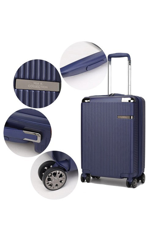 Navy blue hard-shell suitcase with vertical texture, telescopic handle, side handle, and double spinner wheels—shown with close-ups of the handle, corner detail, "MIA TORO COLLECTION" nameplate, and wheel design.