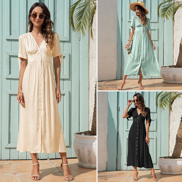 Collage of three photos showing a woman modeling a midi dress in cream, mint green, and black. She poses by light blue doors with potted palms, styled with heels, sunglasses, and a hat in some shots