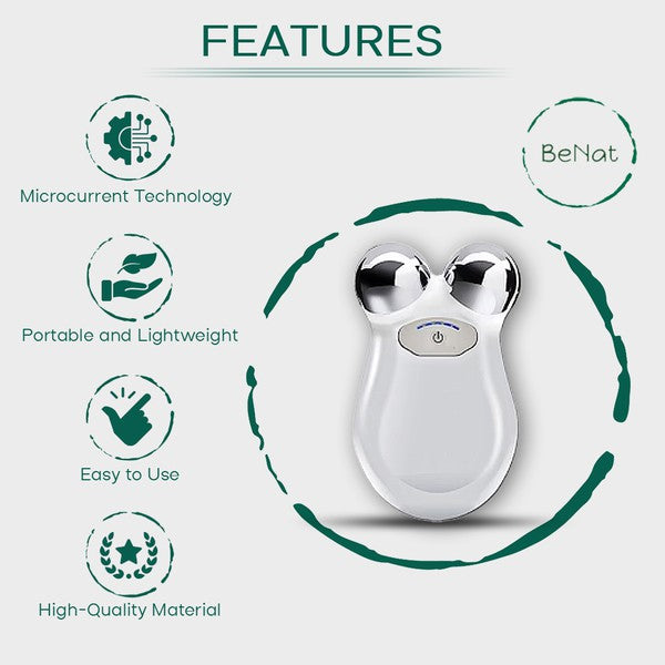 Ergonomic, handheld microcurrent facial toning device with two metallic sphere applicators, used for non-invasive anti-aging and skin firming.
