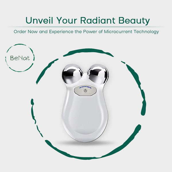 Ergonomic, handheld microcurrent facial toning device with two metallic sphere applicators, used for non-invasive anti-aging and skin firming.