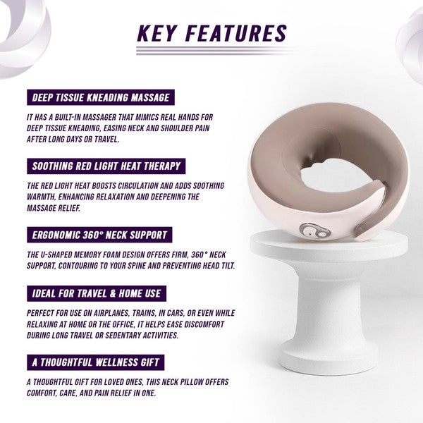 Multi-purpose neck massage pillow with heat therapy, ergonomic design, and versatile use for neck, shoulders, and back.