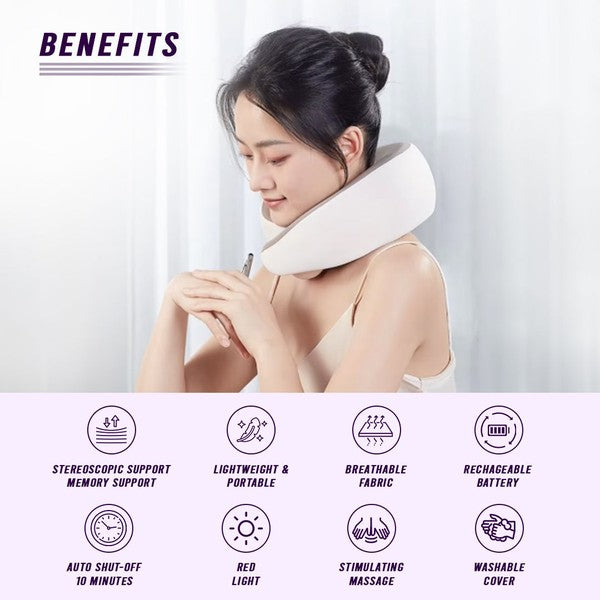 Multi-purpose neck massage pillow with heat therapy, ergonomic design, and versatile use for neck, shoulders, and back.