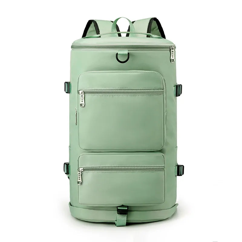 A large mint green backpack with multiple zippered compartments and side straps. Functional and stylish—great for travel or outdoor use.