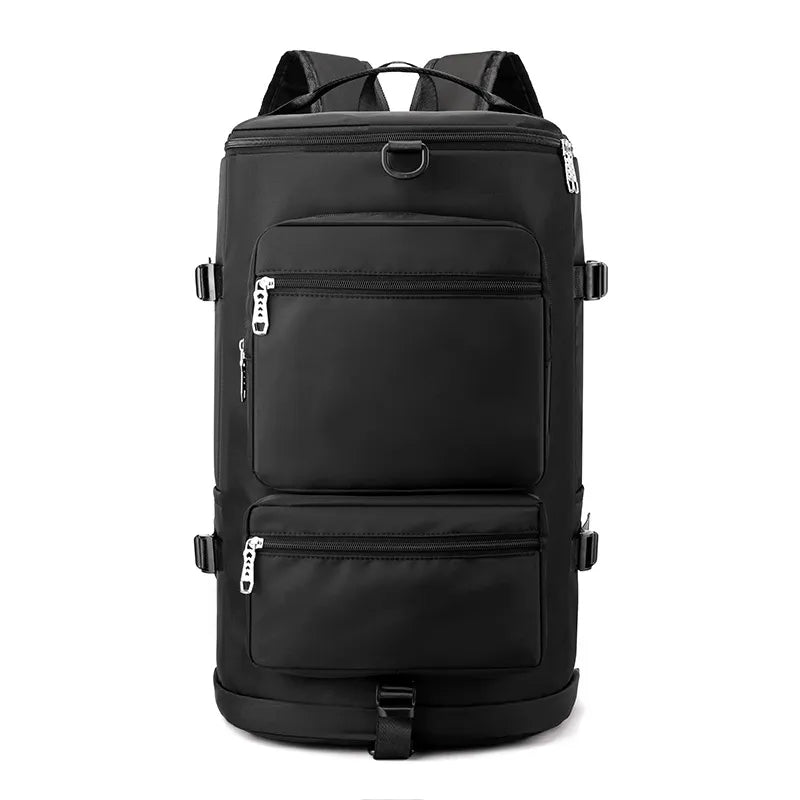 A large black cylindrical backpack with multiple zippered compartments and side straps. Rugged and spacious—ideal for travel or outdoor use.