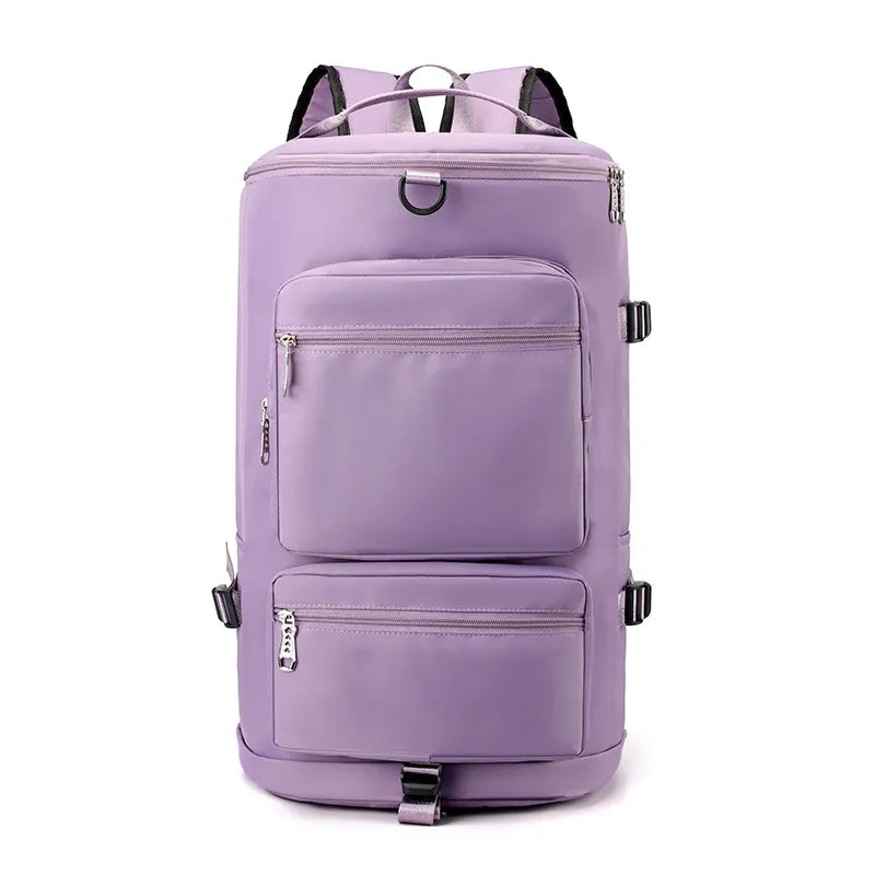 Lavender backpack with multiple zippered compartments, side buckles, and a metal D-ring. Modern and functional—great for travel, school, or everyday use.