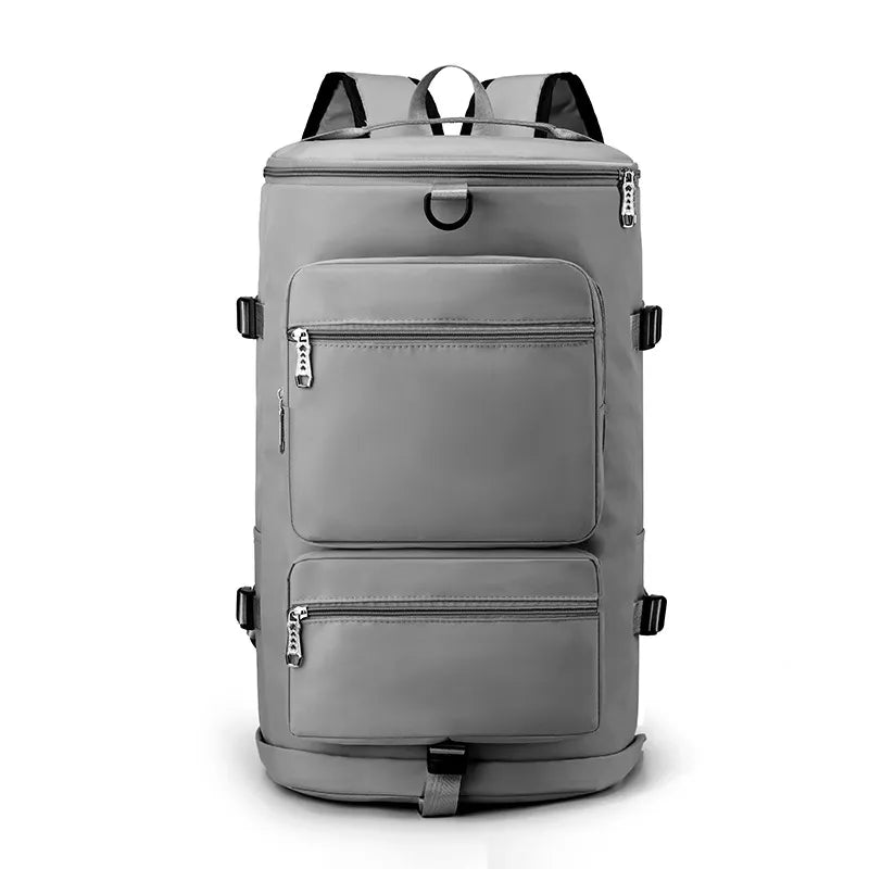 Neutral gray backpack with a structured rectangular shape, featuring multiple zippered compartments and padded straps. Clean and functional—ideal for school, travel, or daily use.