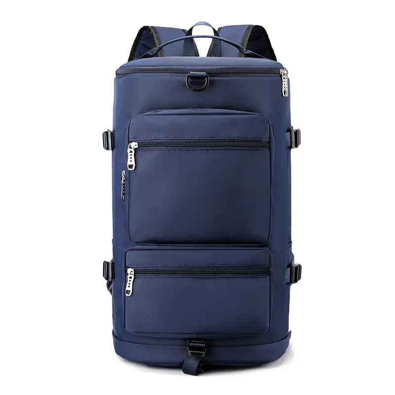 Navy blue backpack with a rectangular shape, multiple zippered compartments, and padded straps. Durable and sleek—ideal for school, travel, or outdoor use.
