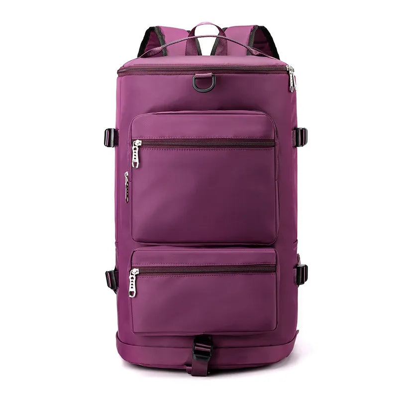 Purple backpack with multiple zippered pockets, side buckles, and a top handle. Sleek and stylish—perfect for school, travel, or everyday use.