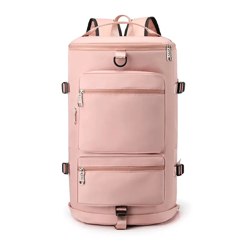 Pink backpack with multiple zippered pockets, side buckles, and a top handle. Sleek and stylish—perfect for school, travel, or everyday use.