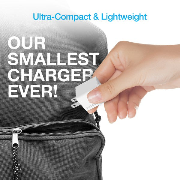 A sleek Naztech 20W USB-C wall charger with fast-charging Power Delivery and foldable prongs for portability.