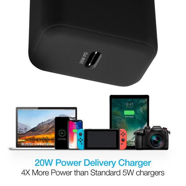 A compact Naztech wall charger with a 20W USB-C Power Delivery port, foldable prongs, and two USB-C cables—ideal for fast, portable charging of compatible devices.