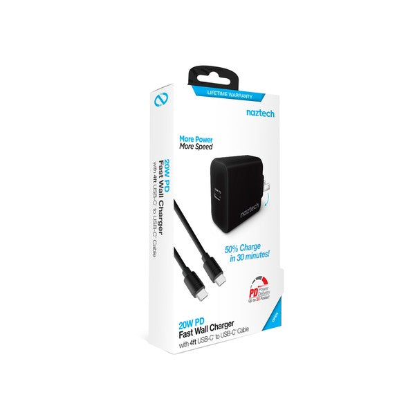 A compact Naztech wall charger with a 20W USB-C Power Delivery port, foldable prongs, and two USB-C cables—ideal for fast, portable charging of compatible devices.