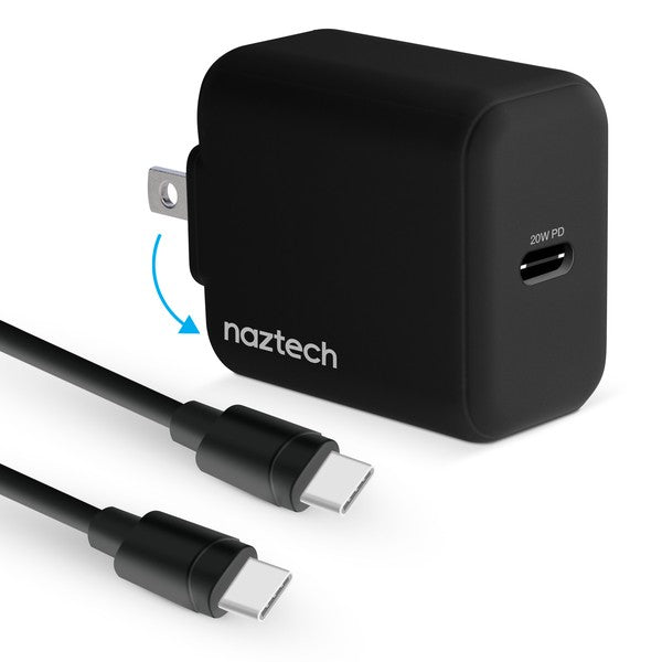 A compact Naztech wall charger with a 20W USB-C Power Delivery port, foldable prongs, and two USB-C cables—ideal for fast, portable charging of compatible devices.