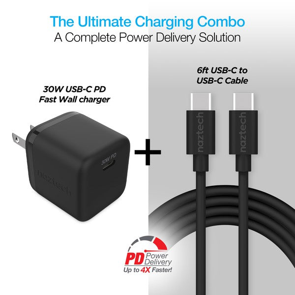 A compact Naztech wall charger with a 30W USB-C Power Delivery port and two matching USB-C to USB-C cables—designed for fast, portable charging.
